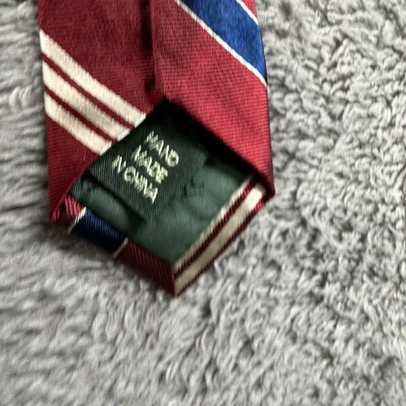 Lauren Ralph Lauren Men's Silk Tie Red Blue White Striped Hand Made NWT - Picture 2 of 5